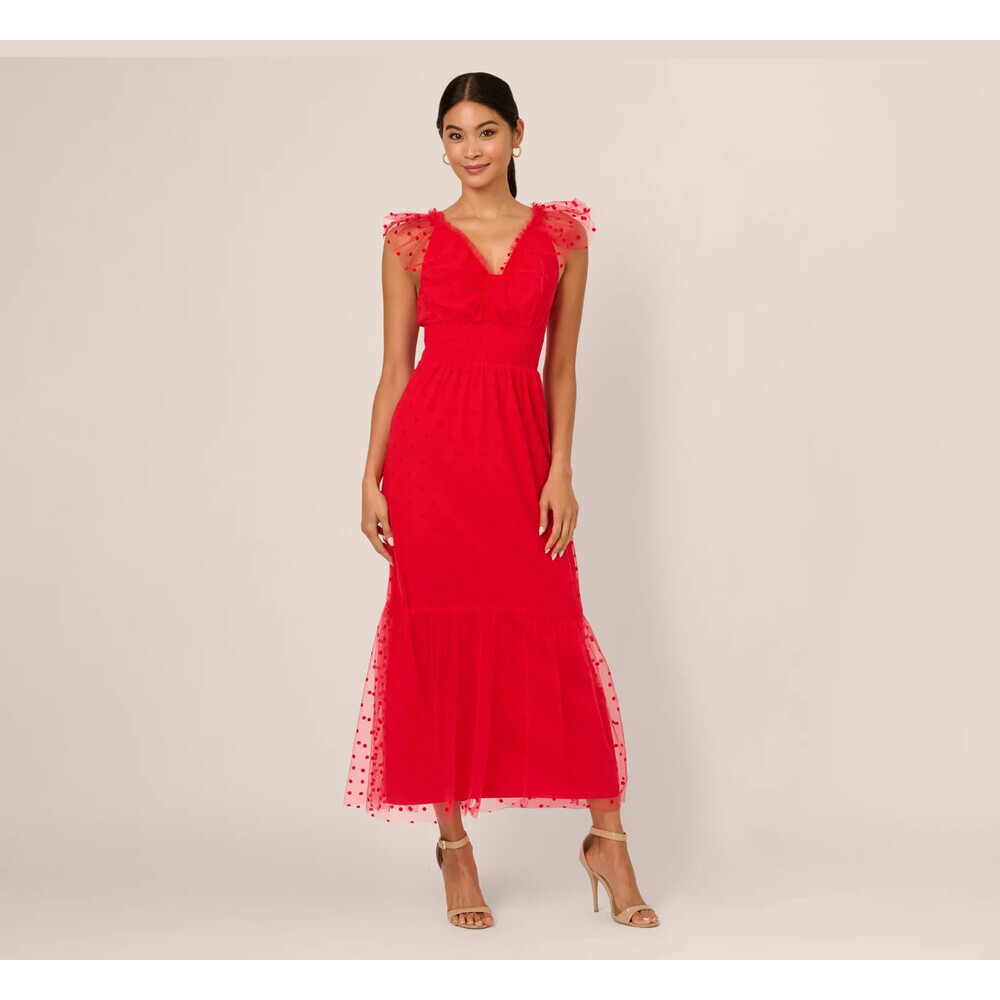 Adrianna Papell Midi Dress Women's 12 Red Polka Dot Tulle Ruffle V-Neck KFC290